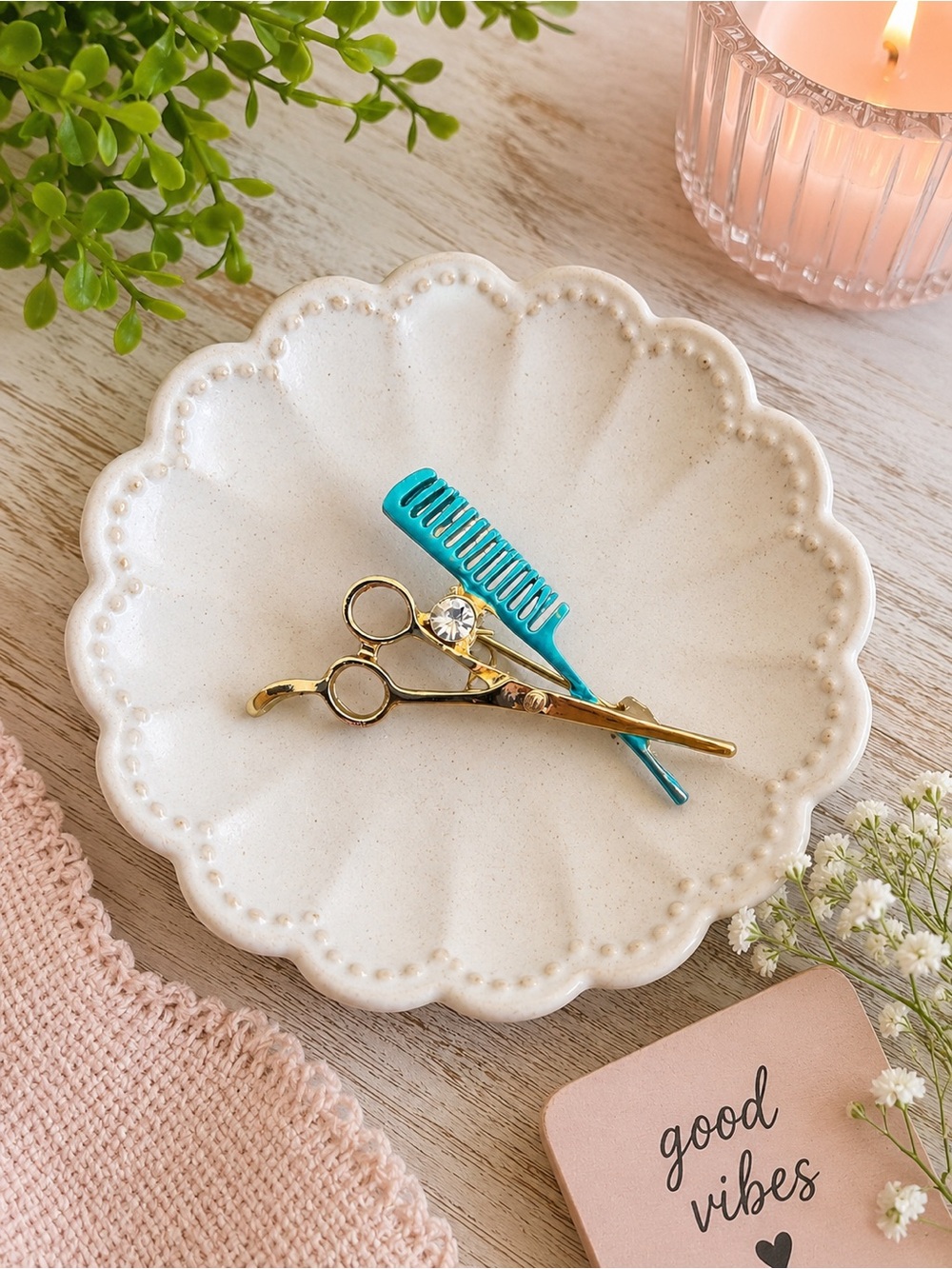 Gold Hair Scissors & Teal Comb Hair Accessory Set Brooch